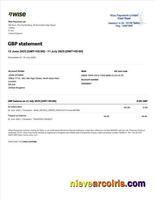 UK Wise Payments account statement Word and PDF